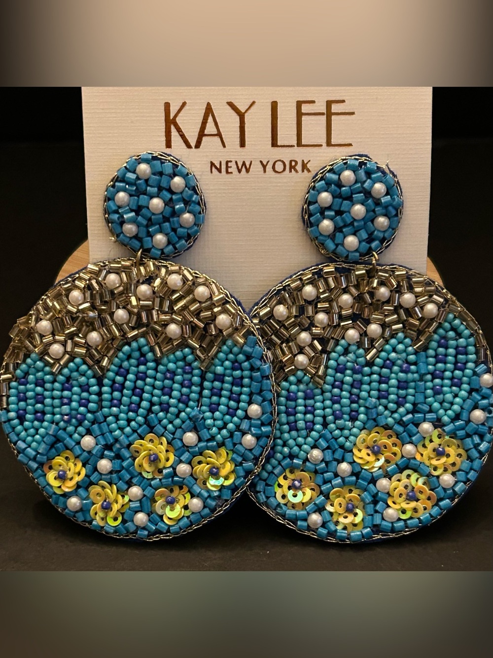 Kay Lee Turquoise & Bronze Hand Beaded Floral Drop Stud Earrings w/Push Backs